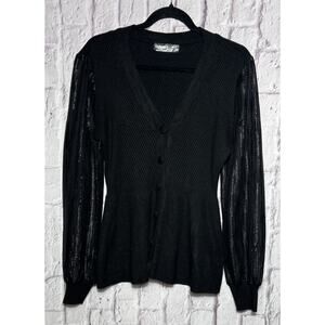 Sweet Halo Women’s Sweater Top With Sheer Sleeves Button Up V Neck Black Size S